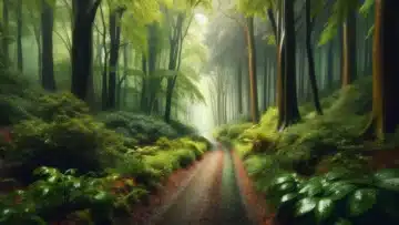 A picturesque scene of a rainy day path in an English forest, The path, narrow and winding