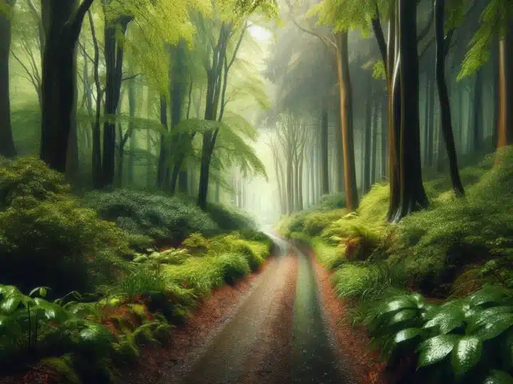 A picturesque scene of a rainy day path in an English forest, The path, narrow and winding