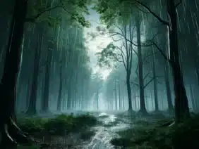 An evocative scene capturing thunder and rain sounds in a forest, The forest is dense and lush