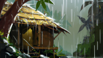 Jungle Rain on Water near Tropical Hut