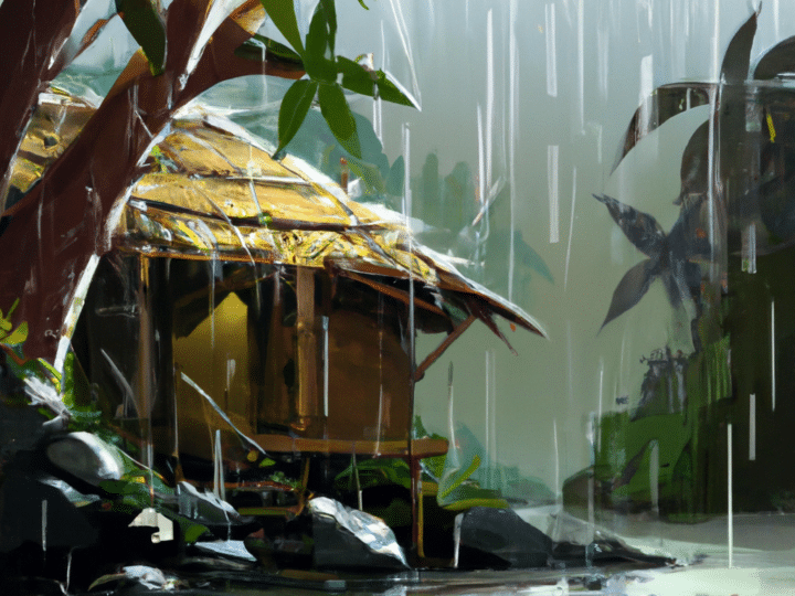 Jungle Rain on Water near Tropical Hut