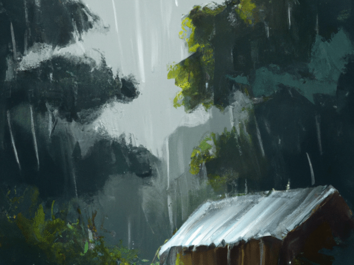 rain falling on tin roof hut