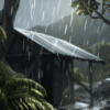 rain falling on tin roof hut in the rainforest