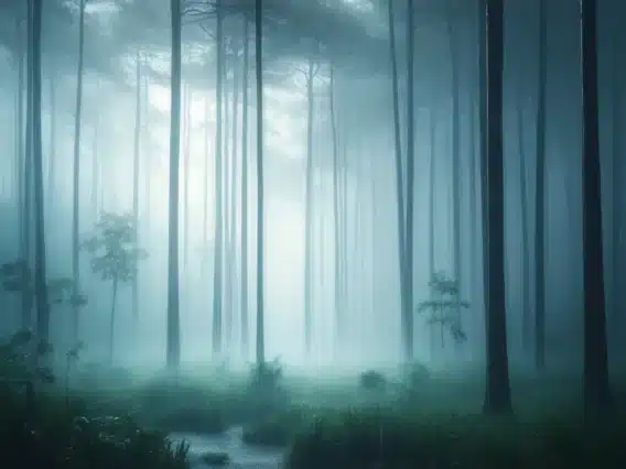 A serene and soothing scene of rain and thunder in a foggy forest