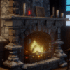Crackling fireplace with snowstorm outside