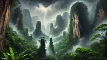 lush and dramatic image of thunder and rain in the misty mountains