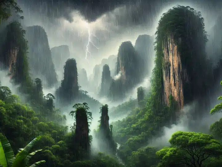 lush and dramatic image of thunder and rain in the misty mountains