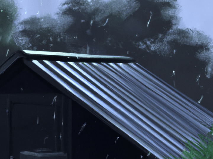 Rain on small tin roof cabin without thunder