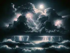 nighttime scene of a thunderstorm over the ocean