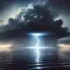 single thunderstorm cloud with rain with one bright lightning bolt stri