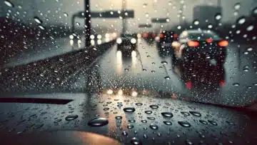 A close-up view of rain falling on a car’s windshield.