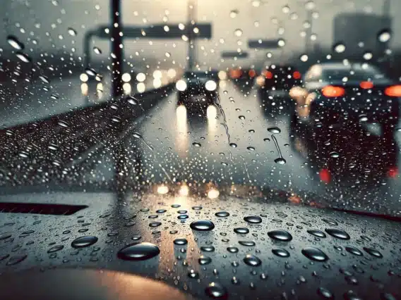 A close-up view of rain falling on a car’s windshield.