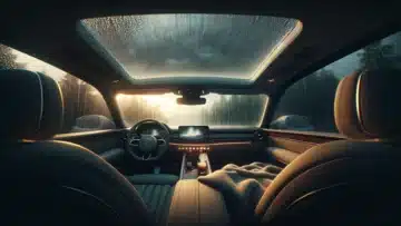 A cozy, intimate scene viewed from inside a car during a gentle rainstorm. The perspective is from inside the car, looking up at the panoramic roof