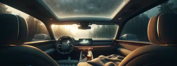 A cozy, intimate scene viewed from inside a car during a gentle rainstorm. The perspective is from inside the car, looking up at the panoramic roof