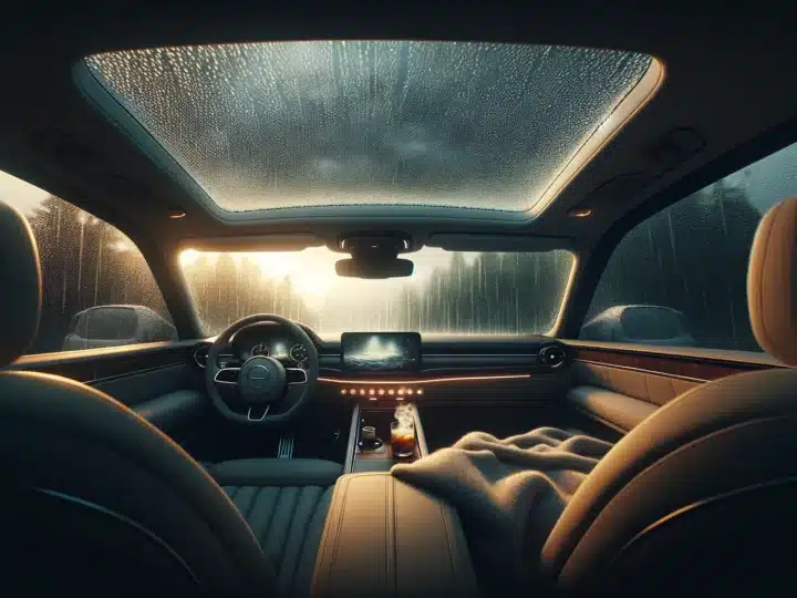 A cozy, intimate scene viewed from inside a car during a gentle rainstorm. The perspective is from inside the car, looking up at the panoramic roof