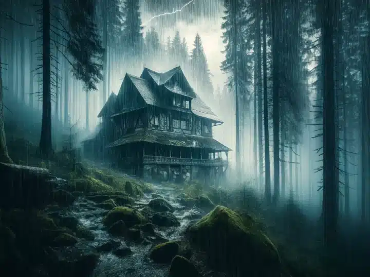 A dramatic scene of heavy rain and thunder on an ancient house in a forest