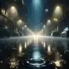 A nighttime scene depicting heavy rain falling on an empty urban street, ideal for conveying a sense of tranquility and sleepiness