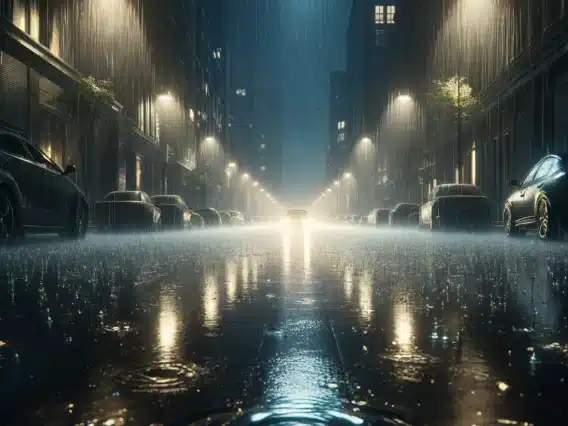 A nighttime scene depicting heavy rain falling on an empty urban street, ideal for conveying a sense of tranquility and sleepiness