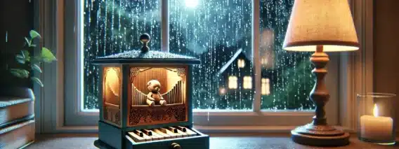 combination of rain sounds and a kids’ music box song