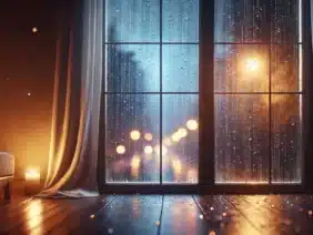 gentle rain falling on a window, evoking the soothing sound of raindrops