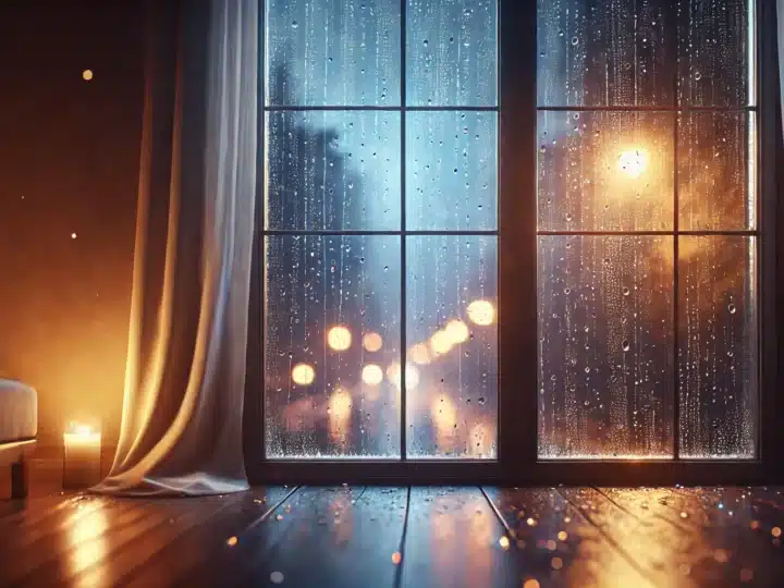 gentle rain falling on a window, evoking the soothing sound of raindrops