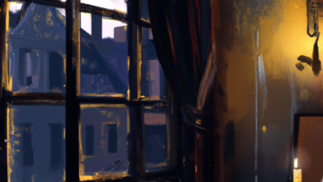 old cozy apartment with candles, rain behind the window