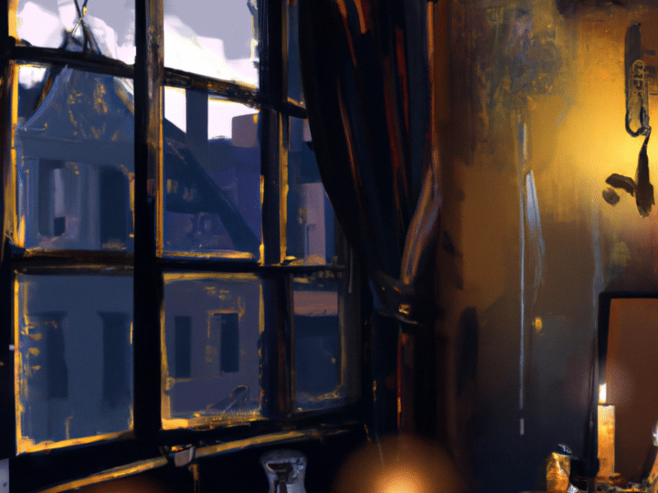 old cozy apartment with candles, rain behind the window