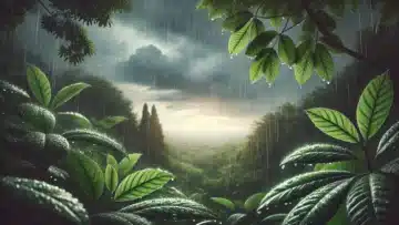 peaceful nature scene showing gentle rain falling on lush green leaves