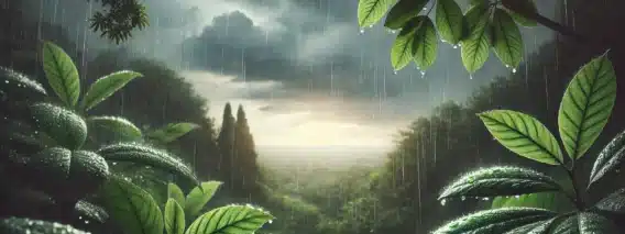 peaceful nature scene showing gentle rain falling on lush green leaves