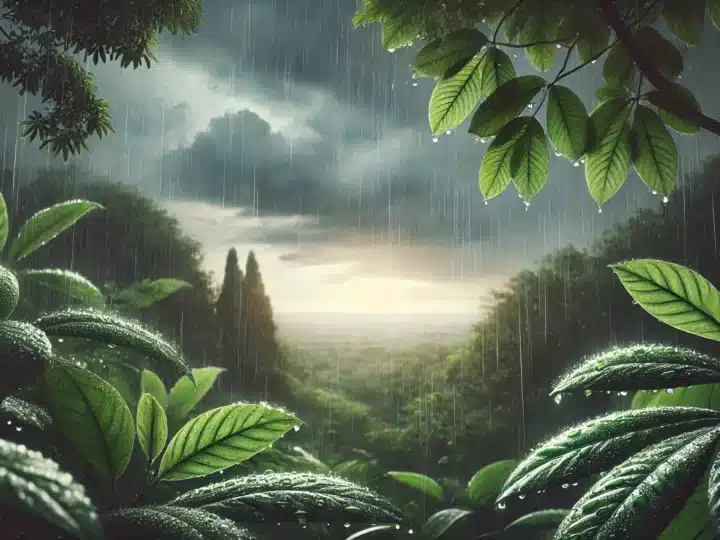 peaceful nature scene showing gentle rain falling on lush green leaves