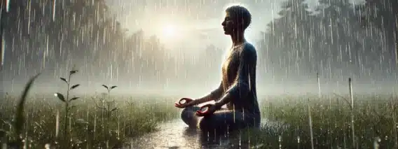 person meditating in the rain