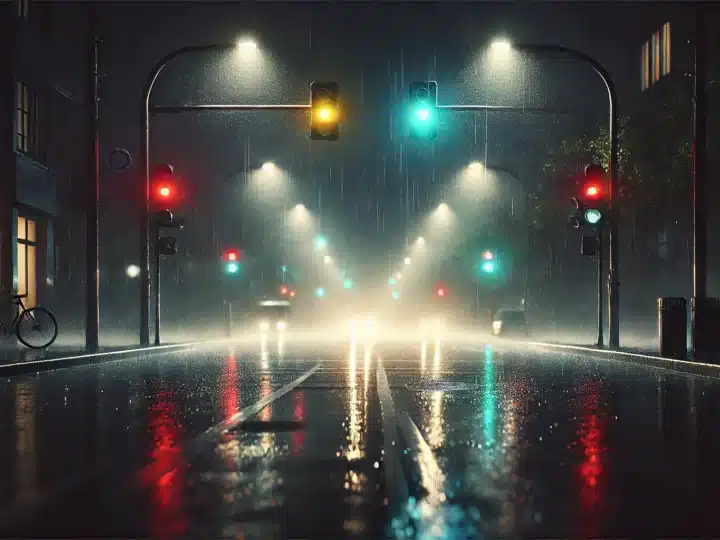 rain falling in the middle of the night on empty streets