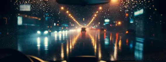A calming visual of driving in the rain at night aimed at providing a sleep ambiance