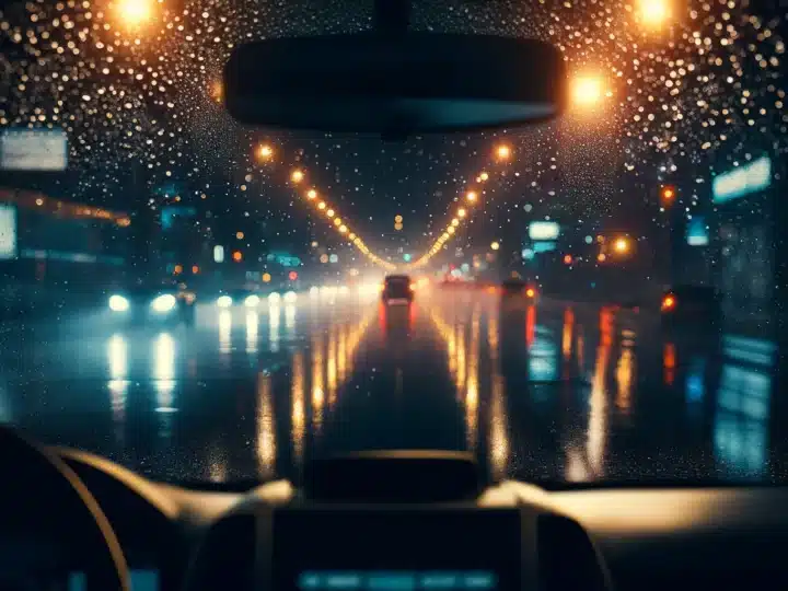 A calming visual of driving in the rain at night aimed at providing a sleep ambiance