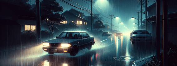 Night scene in a suburban area-Amidst the heavy rain, a car drives slowly