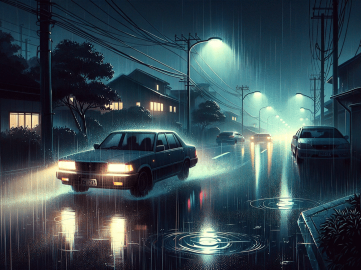 Night scene in a suburban area-Amidst the heavy rain, a car drives slowly