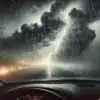 heavy rain and thunderstorms seen through a car window