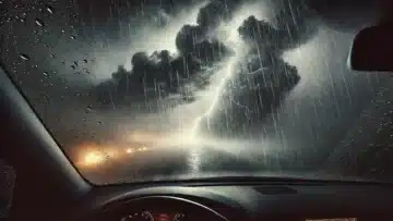 heavy rain and thunderstorms seen through a car window