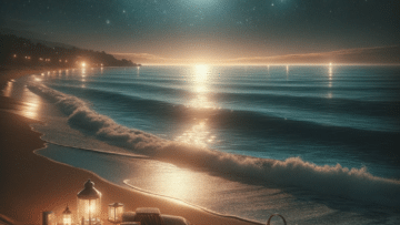 A beach bathed in the gentle light of the moon and stars