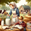 A morning scene in a farm, A mother dressed as a milkmaid is seen pouring fresh milk into containers, while her son studies