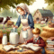 A morning scene in a farm, A mother dressed as a milkmaid is seen pouring fresh milk into containers, while her son studies