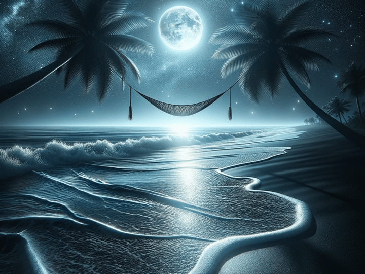 Calm ocean waves rolling in under the watchful gaze of the moon and stars