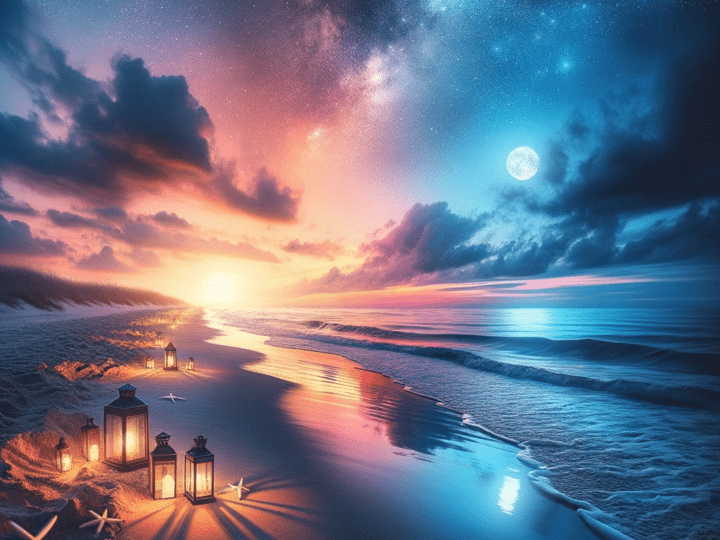 Calm ocean with its mirrored reflections of the sky’s colors