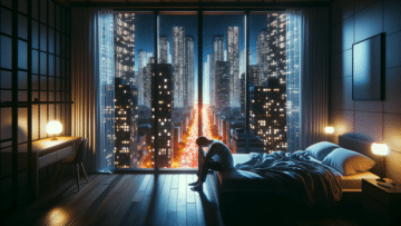 City apartment, where through a window, the city lights glow brightly- Inside, a person sits on the edge of the bed and cant sleep