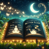 a peaceful meadow at night, where fireflies dance under the crescent moon and stars-Nestled in this setting, an open book