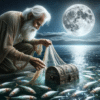 Elderly fisherman, with a white beard and weathered face, on a tranquil moonlit beach- As he pulls his fishing net from the wat