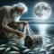 Elderly fisherman, with a white beard and weathered face, on a tranquil moonlit beach- As he pulls his fishing net from the wat