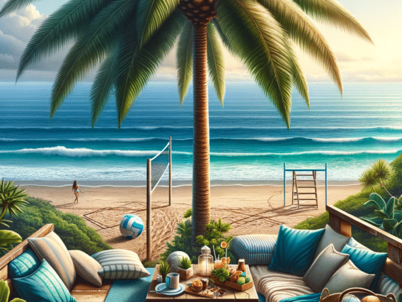 Picturesque beach scene. The ocean, with its gentle waves, meets the sandy shore