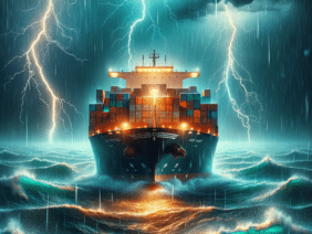 Vastness of the sea during a thunderstorm, with a containership forging its path