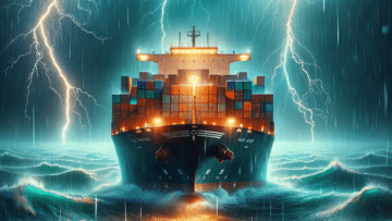 Vastness of the sea during a thunderstorm, with a containership forging its path